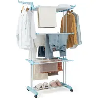 Costway Séchoir à linge à 4 niveaux avec roulettes, pliable avec 2 ailes latérales pivotantes, autoportant (bleu)
