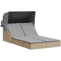 Syfax Chaise longue double avec auvent et coussins beige poly rotin