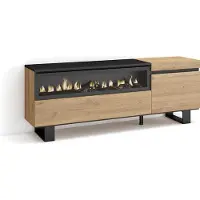 Skraut Home COZY Meuble TV, Banc Télé, 150x35x57cm, Pour les TV jusqu'à 65", Cheminée électrique, Chêne et noir