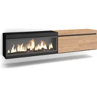 Skraut Home COZY Meuble TV, Banc Télé, 208x35x45cm, Pour les TV jusqu'à 80", Cheminée électrique XXL, Suspendu, Mural, Chêne et noir