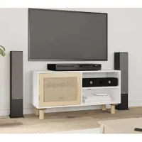 Prolenta Meuble TV exclusif - Blanc, 80x30x40 cm, en bois massif de pin et en rotin naturel