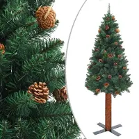 Syfax Sapin de Noël mince avec bois véritable et cônes vert 150cm PVC