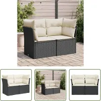 The Living Store Canapé de jardin avec coussins 2 places noir Poly rotin