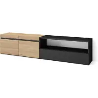 Skraut Home COZY Meuble TV, Banc Télé, 200x35x45cm, Pour les TV jusqu'à 80", Meubles de salon, Chêne et noir
