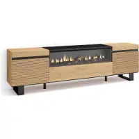 Skraut Home COZY Meuble TV, Banc Télé, 200x35x57cm, Pour les TV jusqu'à 80", Cheminée électrique, Chêne