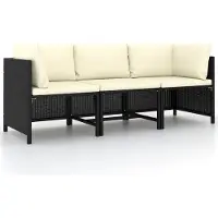 The Living Store Canapé de jardin 3 places avec coussins Noir Poly Rattan