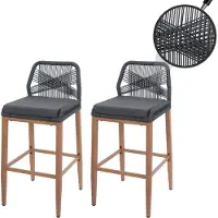 Mendler Set De 2 Tabourets De Bar Rope Hwc-O21, Coussins D'assise Outdoor Corde Tressée Métal Aspect Bois Anthracite, Coussin Gris Foncé