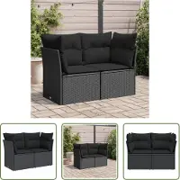The Living Store Canapé de jardin avec coussins 2 places noir Poly rotin