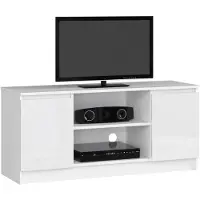 Akord Meuble TV Élégant 120 cm Blanc Brillant 2D 1P avec Portes Tiroirs et Étagères