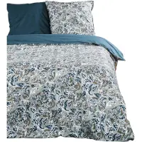TODAY Parure de lit double à imprimé floral en coton"Sunshine" - Bleu et Gris - 220 x 240 cm