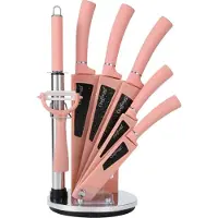 Cheffinger 8 pcs Set de couteaux Couteau de cuisine Support de couteau rotatif Pink Couteaux en acier inoxydable