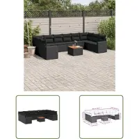 The Living Store 11 pcs. salon de jardin avec coussins noir poly rotin