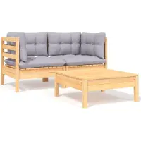 Syfax Salon de jardin 3 pcs avec coussins gris Bois de pin massif