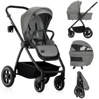 Lionelo Poussette combinée Meril 2en1 nacelle jusqu'à 9 kg, 0-48 mois jusqu'à 22 kg, roues tout terrain 360°, suspension intégrale, capote XXL - Gris