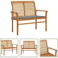 The Living Store Banc de jardin avec revêtement gris 112 cm teck massif
