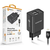 Aligator 2.4A, 2xUSB, smart IC, noir, câble USB pour iPhone / iPad