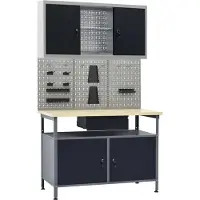 Syfax Établi d'atelier robuste, rangement outils garage, acier et bois d'ingénierie, 120x60x85 cm, 300 kg, avec 3 panneaux muraux perforés et armoire lat...