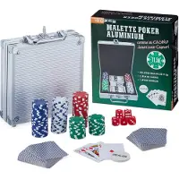 Relaxdays Mallette de poker , 100 jetons de poker sans valeur, 2 jeux de cartes, 5 dés, bouton de croupier, set de poker, verrouillable, argenté