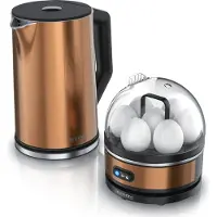Arendo Breakfast Set, Bouilloire ELEGANT avec cuiseur à oeufs SEVENCOOK acier inoxydable cuivre, Bouilloire 1,5L, Cuiseur à oeufs 1-7 oeufs, verre doseur
