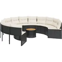 vidaXL Canapé de jardin avec table et coussins Rond Noir Poly-Rattan
