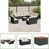 The Living Store 13-pièces salon de jardin avec coussins noir poly rotin