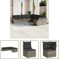 The Living Store 10 pcs. salon de jardin avec coussins Gris Poly Rattan