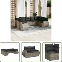 The Living Store 9 pcs. salon de jardin avec coussins Gris Poly Rattan