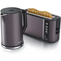 Arendo Breakfast Set, Bouilloire avec réglage de la température, acier inoxydable, 2200W, 1,5L + Grille-pain 2 disques, Grille-pain à fentes longues 2 disques, fentes longues, 1000W, gris volcan