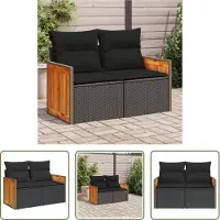 The Living Store Canapé de jardin avec coussins 2 places noir Poly rotin