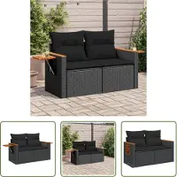 The Living Store Canapé de jardin avec coussins 2 places noir Poly rotin