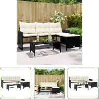 The Living Store Canapé de jardin en L avec table et coussins Noir Poly Rattan
