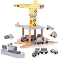 Mamabrum Jouets en bois Grue portuaire avec treuil magnétique et porte-conteneurs - pour enfants 3+
