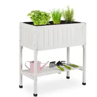 Relaxdays : bac surélevé, film plastique, tablette, H x L x P : 80 x 74 x 38 cm, jardin, balcon et terrasse, table de jardinage, bois de sapin, blanc