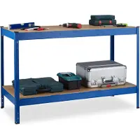 Relaxdays Établi , 2 niveaux réglables, H x l x P : 90,5 x 141 x 61 cm, système d'assemblage par emboîtement, table de travail pour atelier, acier, bleu