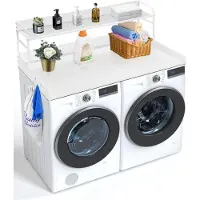 Vevor Établi pour lave-linge et sèche-linge avec 2 étagères (1370 x 700 x 419 mm), étagère à roulettes avec tapis antidérapant, tapis à linge imperméable pour le rangement, blanc