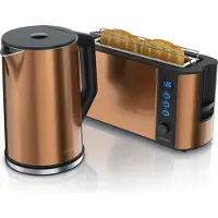 Arendo Breakfast Set, Bouilloire avec réglage de la température, acier inoxydable, 2200W, 1,5L + Grille-pain 2 disques, Grille-pain à fentes longues 2 disques, fentes longues, 1000W, cuivre