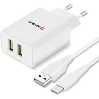 Swissten Network Adapter Smart Ic, Ce 2X Usb 2,1 A Power White + Data Cable Usb / Type C 1,2 M White