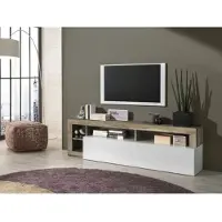 Vente-unique Meuble TV avec 1 porte & 4 étagères - Laqué blanc & couleur chêne - SEFRO