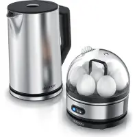Arendo Set de petit déjeuner 2 pièces, cuiseur à 7 oeufs SEVENCOOK, bouilloire en acier inoxydable 1,5L, Argent