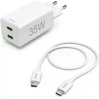 Hama Schnellladegerät + Kabel, 2x USB-C, PD/QC, Mini-Ladegerät, 35W, 1 m, Weiß (00125116)