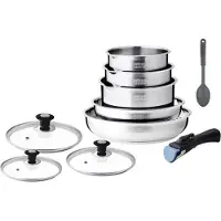 Arthur Martin Set d'ustensiles de cuisine à induction - - AM4485 - Acier inoxydable - 10 pièces - Poignée amovible - Convient pour tous les types de feux, y compris l'induction