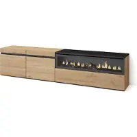 Skraut Home COZY Meuble TV, Banc Télé, 200x35x45cm, Pour les TV jusqu'à 80", Cheminée électrique, Chêne et noir