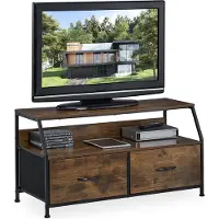 Relaxdays Meuble TV , style industriel, H x l x P : 48,5 x 93 x 41,5 cm, métal, aspect bois, 2 tiroirs, meuble TV, marron/noir