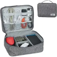 Relaxdays - Pochette pour câbles, organiseur pour câbles de recharge, clés USB, accessoires PC, en tissu, rangement pour câbles, H x l x P : 11 x 25 x 20 cm, gris