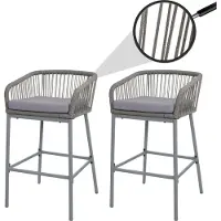 Mendler Lot De 2 Tabourets De Bar Rope Hwc-O22, Tabouret De Bar, Outdoor Assise Rembourrée Corde Tressée Métal Gris Clair, Coussin Gris Clair