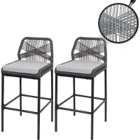 Mendler Lot De 2 Tabourets De Bar Rope Hwc-O21, Outdoor Assise Rembourrée Corde Tressée Métal Anthracite, Coussin Gris Clair