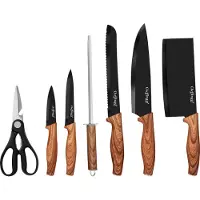 Cheffinger , set de couteaux 7 pièces avec manches imitation bois et support, noir