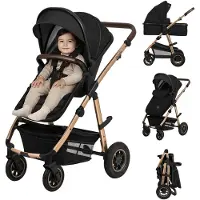 Lionelo Amber Poussette combinée 2 en 1, Set avec siège sportif, nacelle fixe, sac, moustiquaire, housse feuille de pluie - Black Onyx