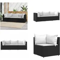 vidaXL 3 pcs. Garden Lounge Set with Coussins Black Poly Rattan - Garden Lounge Set - Garden Lounge Sets - Outdoor Lounge Set - Lounge Set Terrasse