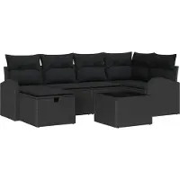 Syfax Salon de jardin modulable 7 places, poly rotin et bois d'acacia massif, noir, avec coussins amovibles, résistant UV et eau, fonction rangement
